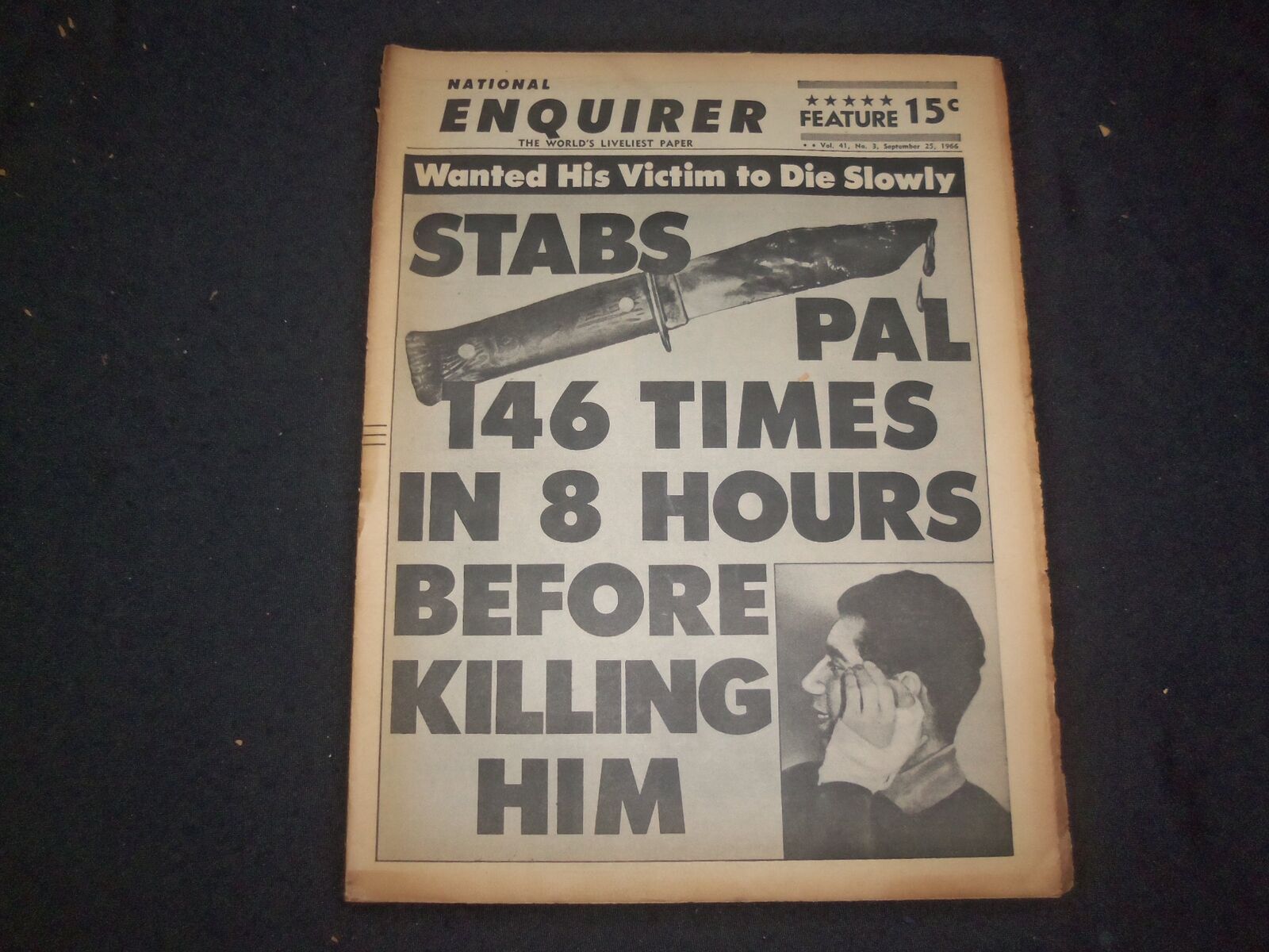 1966 SEP 25 NATIONAL ENQUIRER NEWSPAPER - STABS PAL 146 TIMES IN 8 HRS - NP 7423
