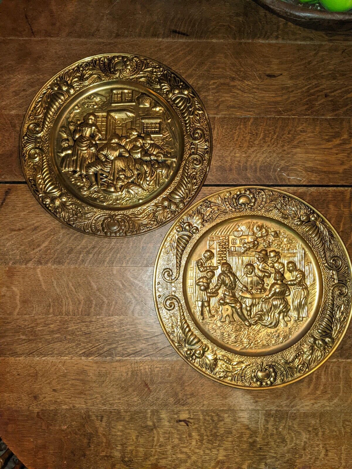 Qty (2) Vtg Embossed Brass Wall Plates 14 1/4 Made in England Tavern Scenes