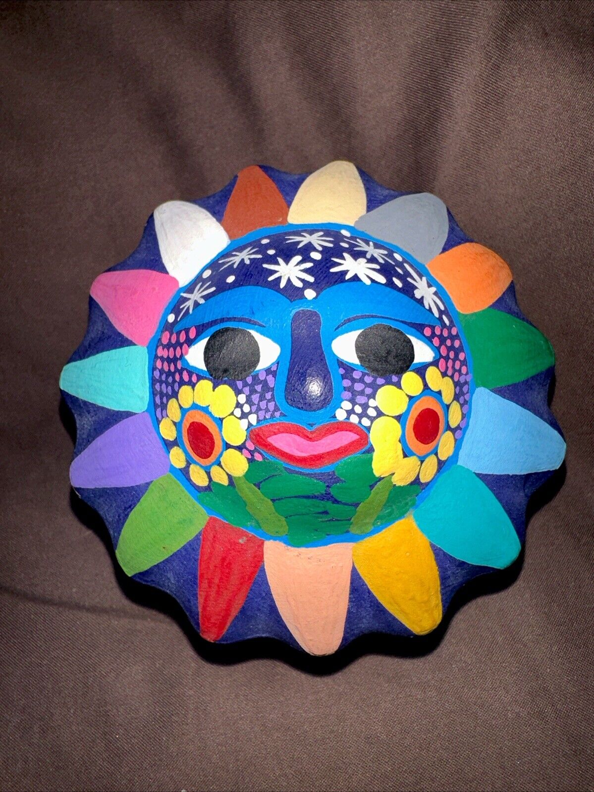 Mexican Pottery Folk Art Sun Celestial Stash Trinket Box Hand Painted 2”T 3”W