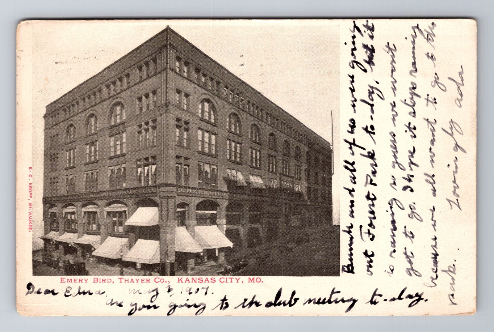 Kansas City MO-Missouri, Emery Bird, Thayer Co, Antique, Vintage c1907 Postcard