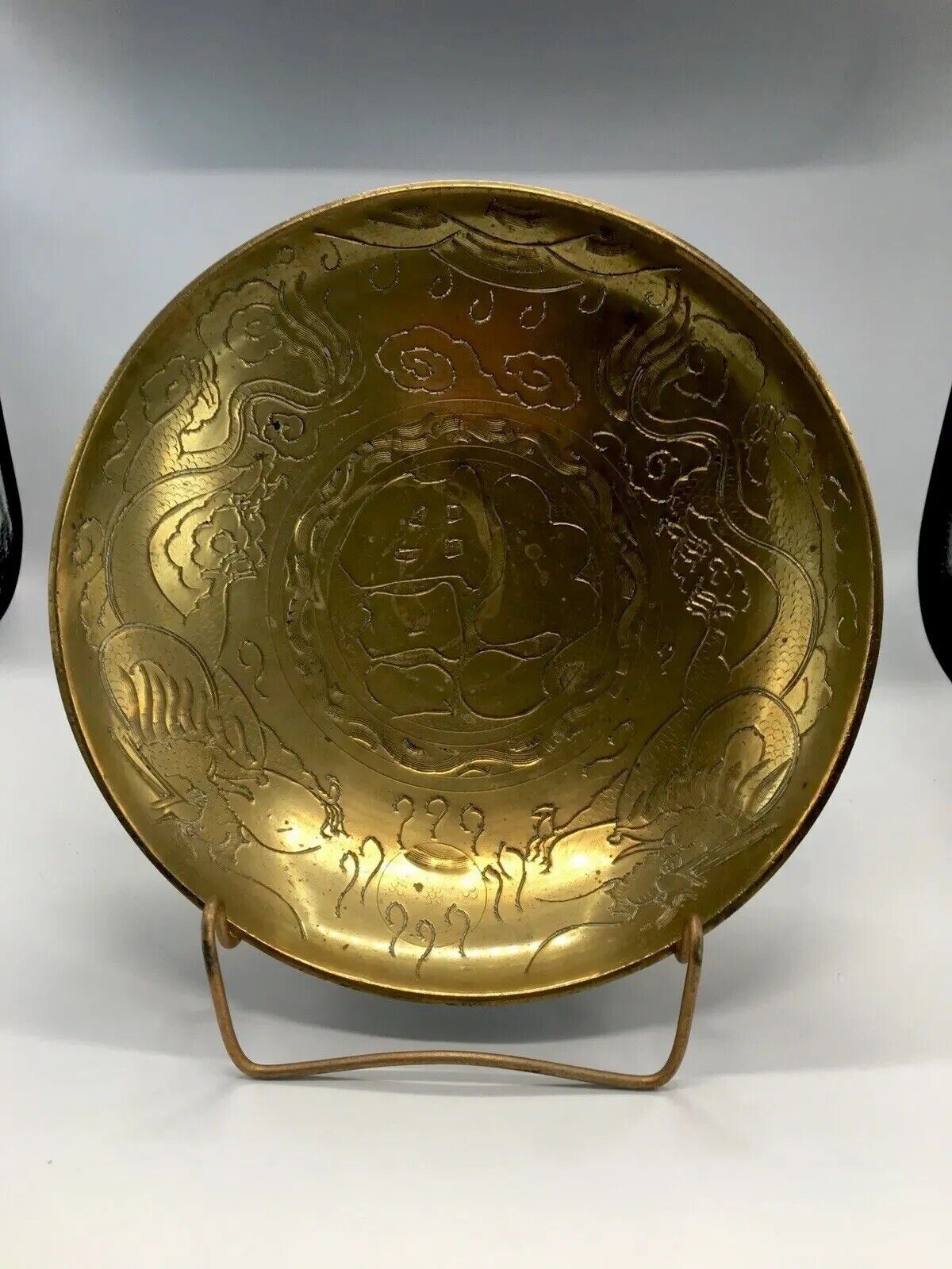 Antique Signed Solid Brass 1920’s Chinese Etched Hand Hammered Dragon Gold Bowl