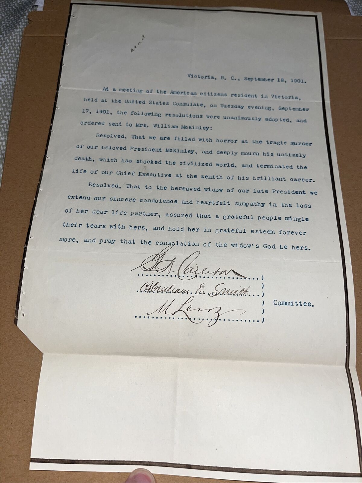 Antique Resolution at Victoria Canada Consulate President McKinley Assassination