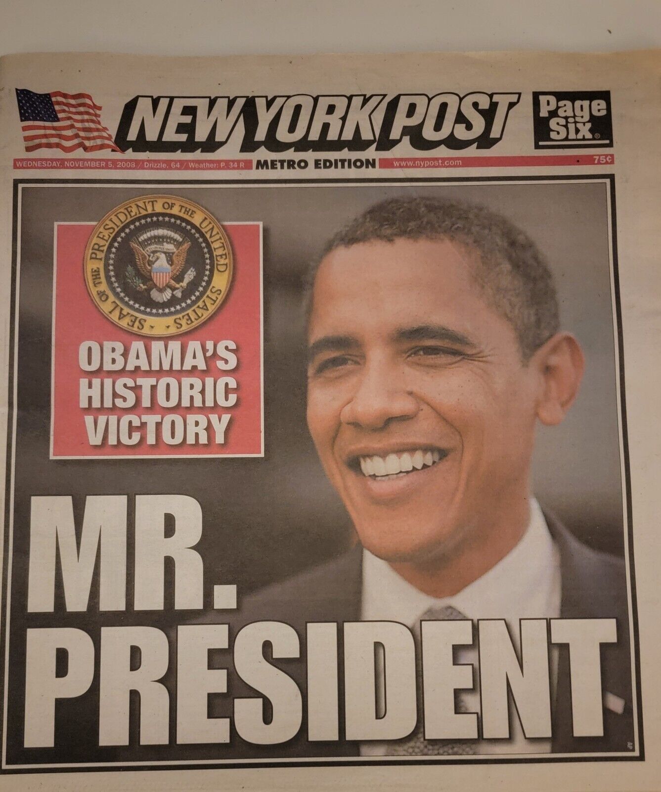BARACK OBAMA : Elected President Of USA;  New York Post Nov. 5 2008 BN In SLV