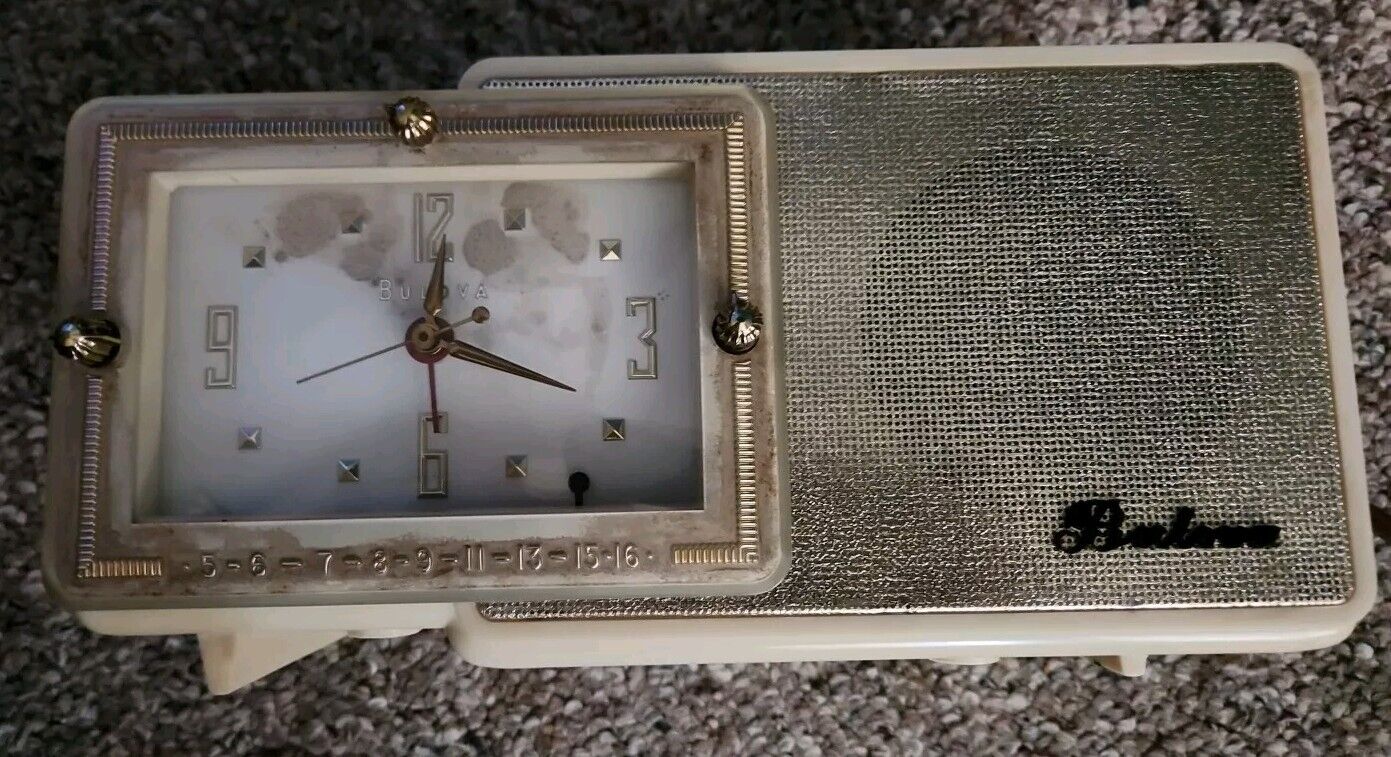 VINTAGE 1957 Bulova Clock Radio Model 100  5 Tube AM Radio Working 
