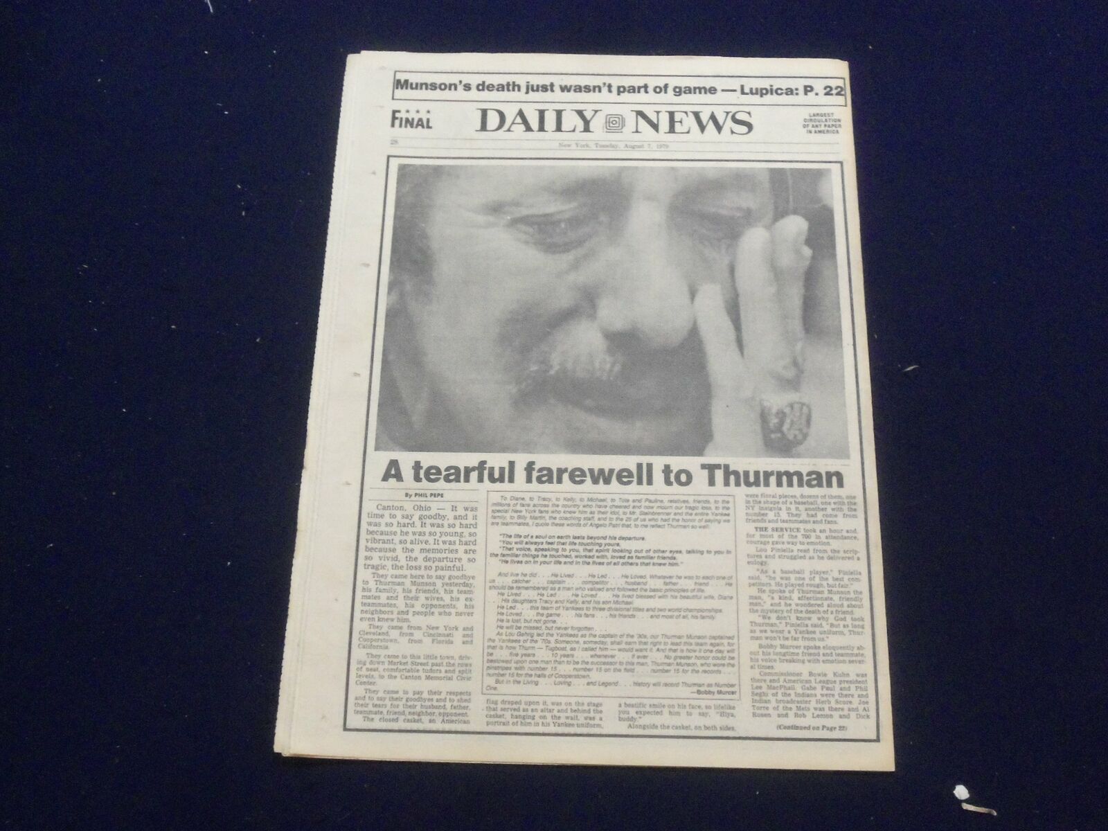 1979 AUGUST 7 NEW YORK DAILY NEWS NEWSPAPER- TEARFUL FAREWELL TO THURMAN-NP 5178