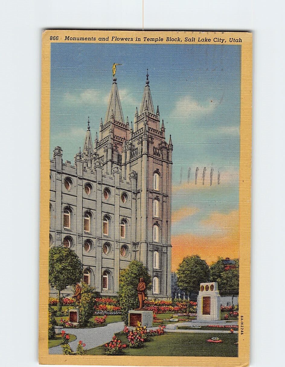 Postcard Monuments and Flowers in Temple Block Salt Lake City Utah USA