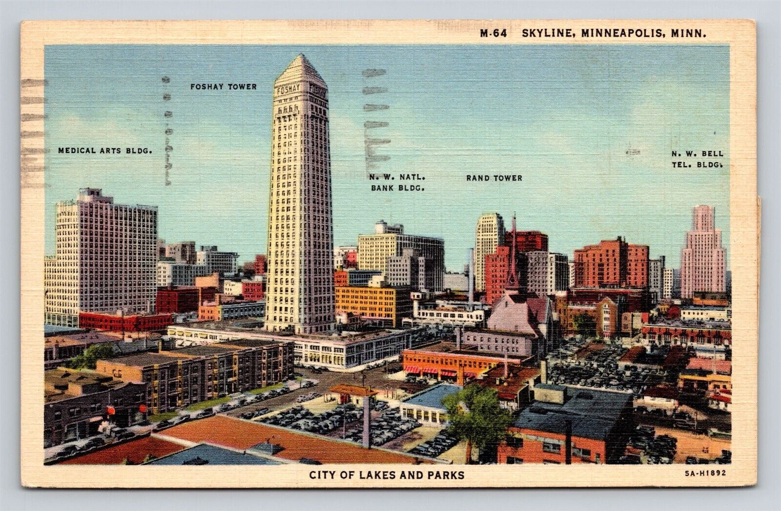 Minneapolis MN Skyline Key to Buildings Foshay & Rand Towers Vtg Postcard 1940s