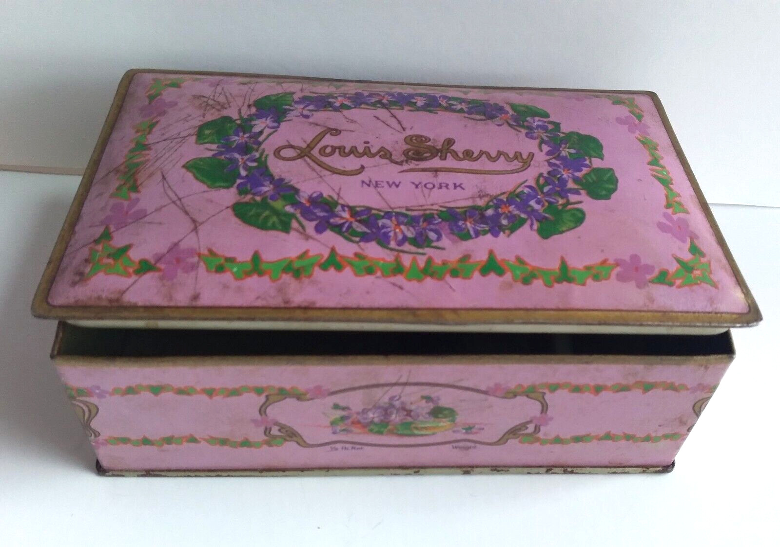 Vintage 1920 Canco Louis Sherry New York Pink Purple Floral 1/2lb Chocolate Tin 