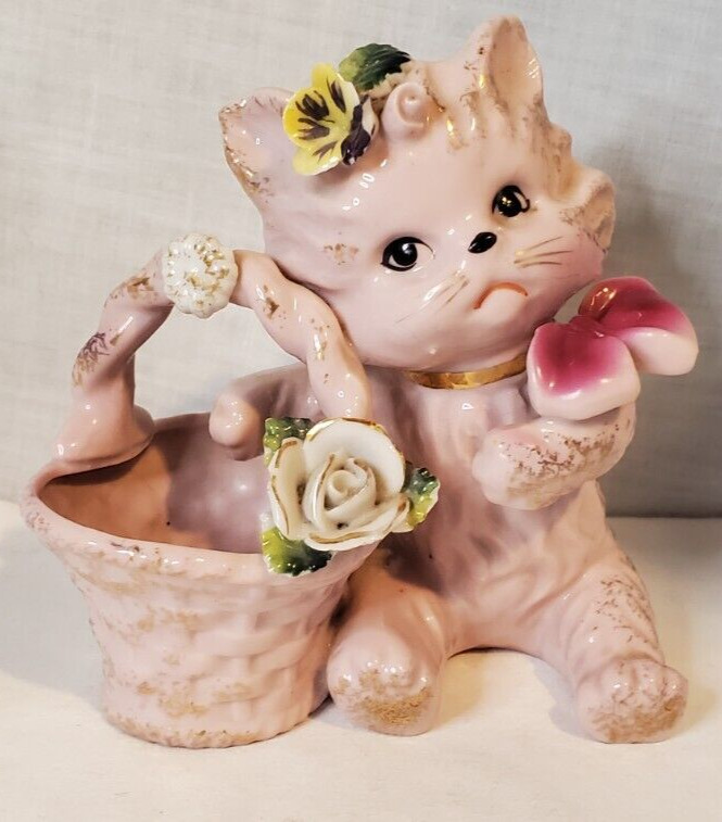 Vintage 1950's Bond Ware Pink Fancy Cat w/ Basket Flowers Porcelain 5''