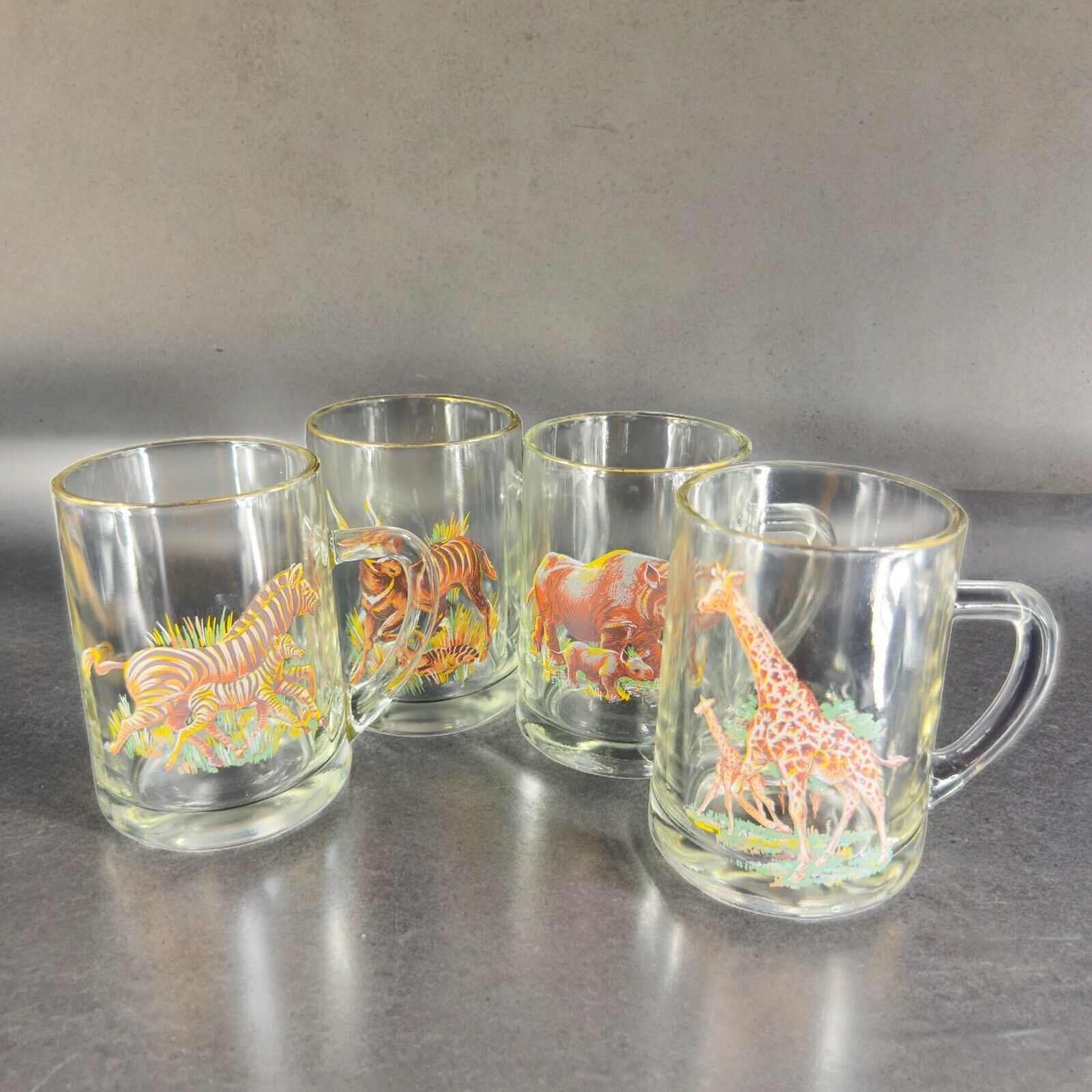 Vintage Large Coffee Mug Cup With Wild Live Animals Clear With Handles Set 4 VTG