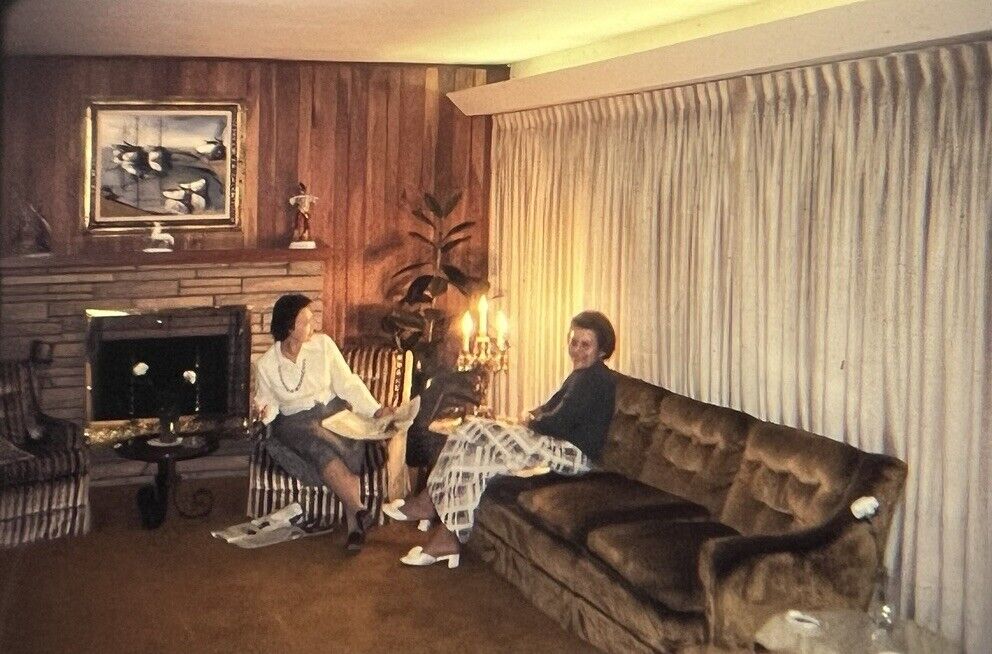 Vintage Photo Slide 1974 Women Reading Drinking Wine Living Room