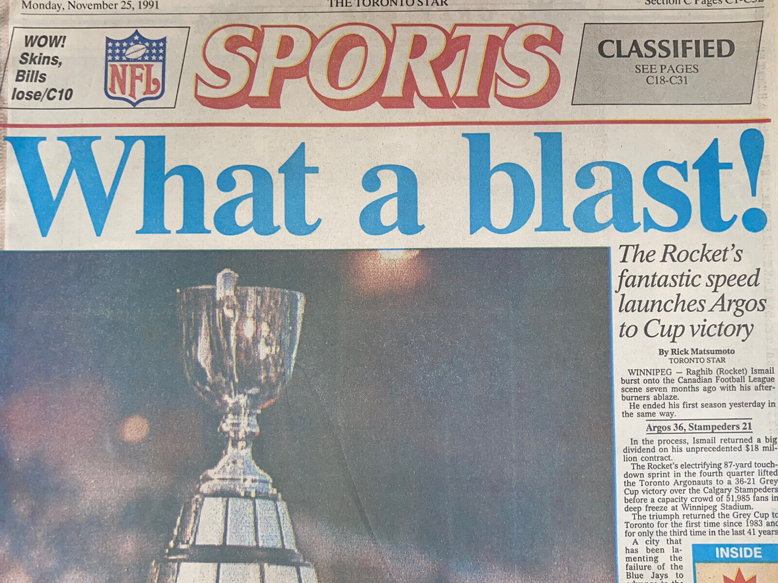 Toronto Argos Grey Cup Champions Vintage The Star Sports Section 1991 Nov 25