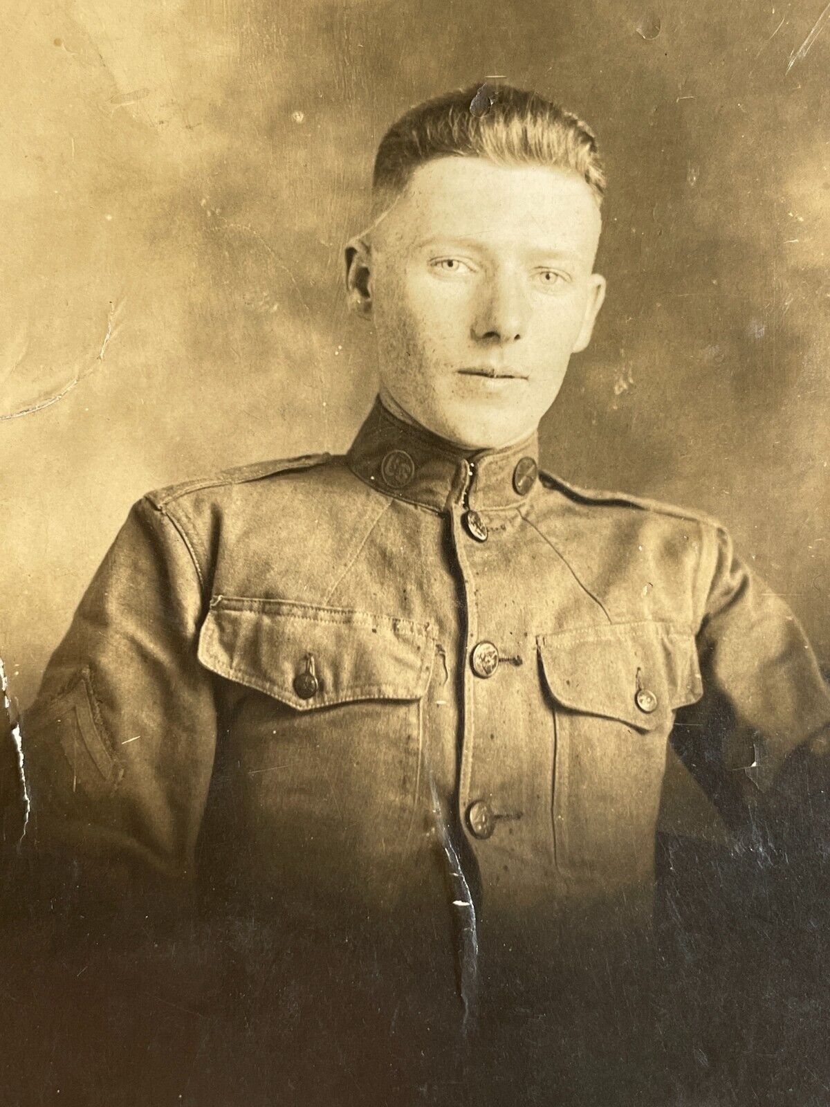T8 RPPC Photo Postcard 1918 Handsome Attractive Soldier Uniform Haircut Style 