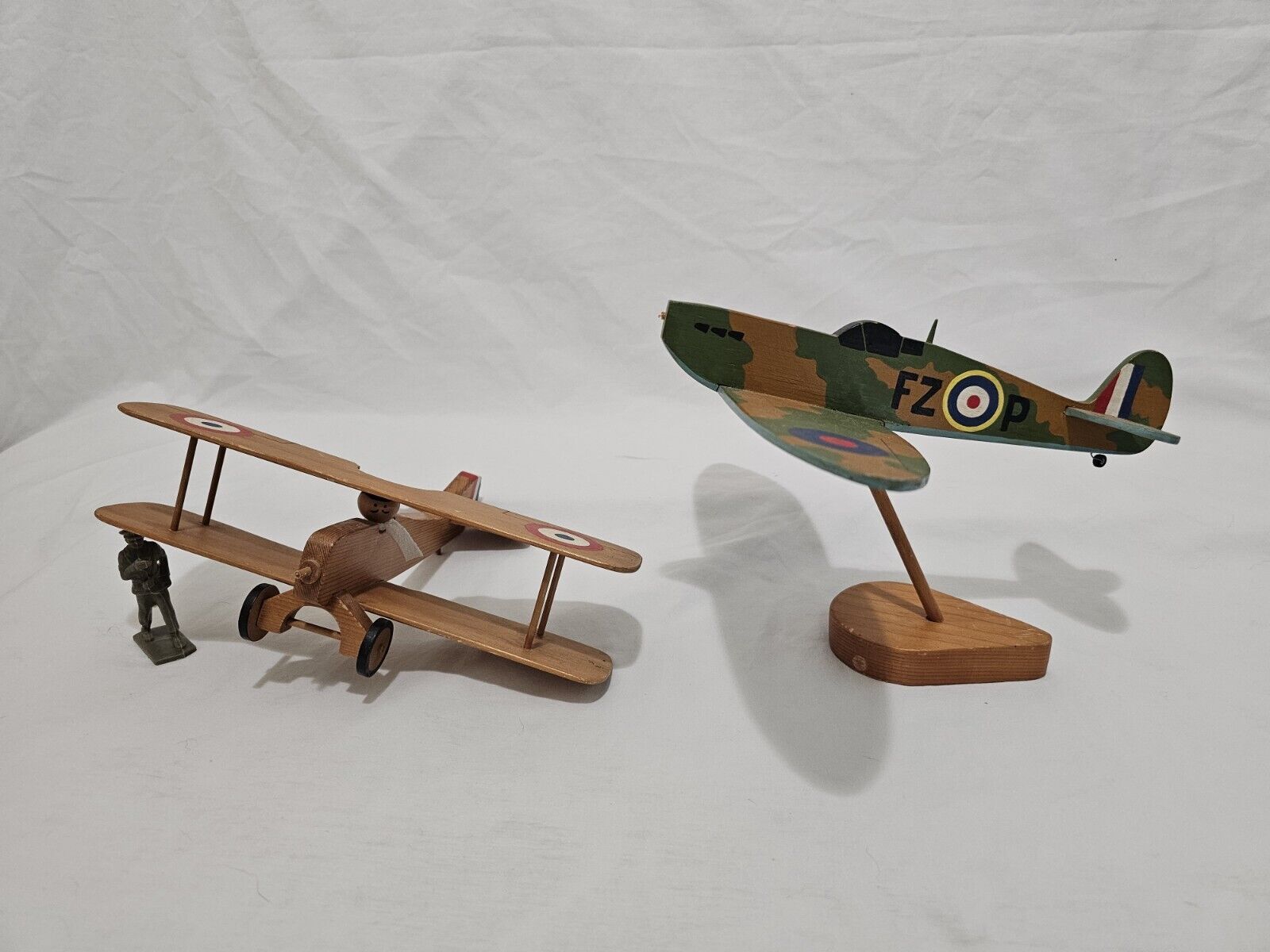 Vintage Wooden WWI SPAD Bi-Plane W/ Pilot Plus WWII Fighter Plane ~ Need Props