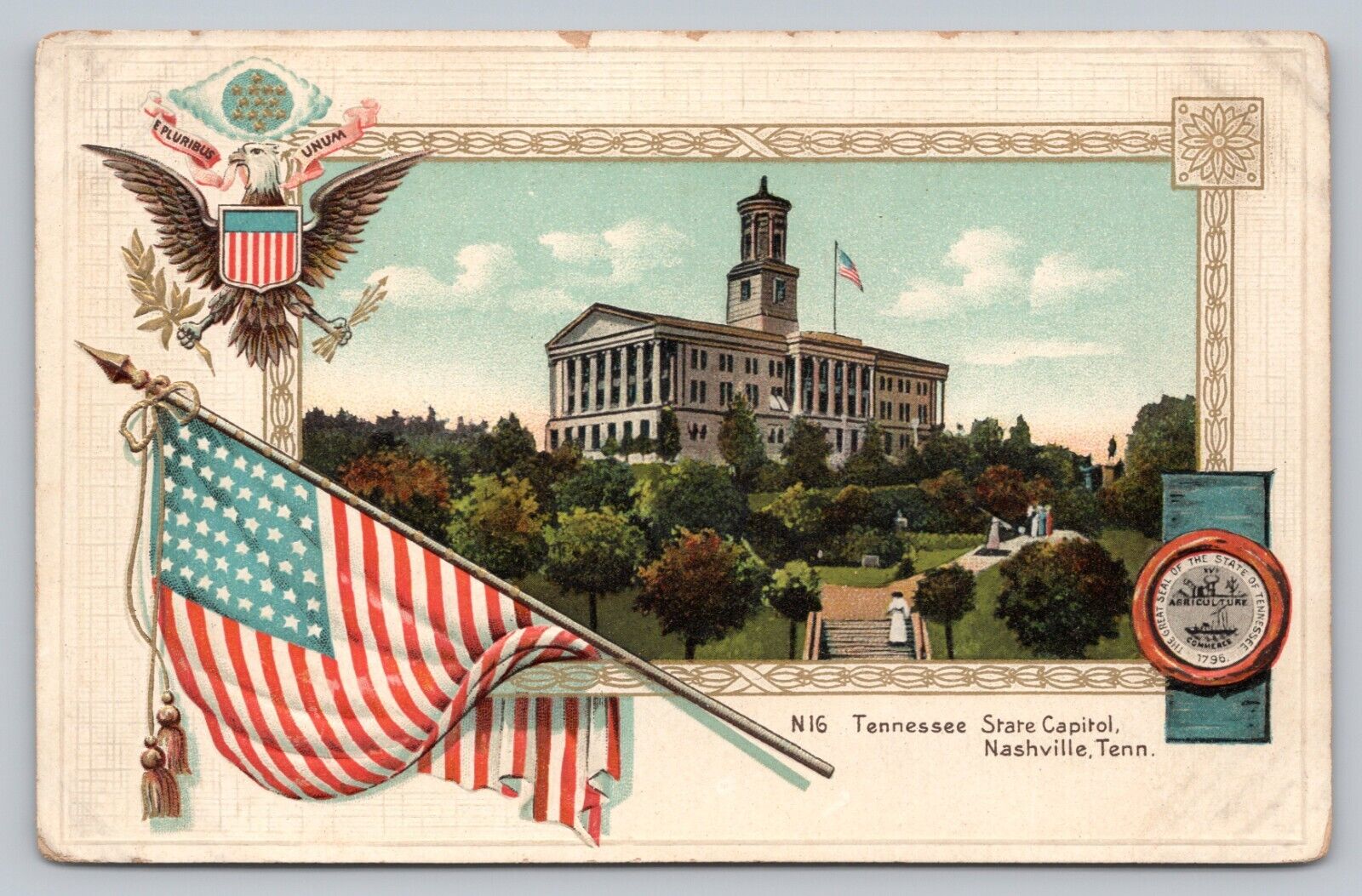 Postcard TN Nashville Tennessee State Capitol Patriotic Bald Eagle Gold Gild B8