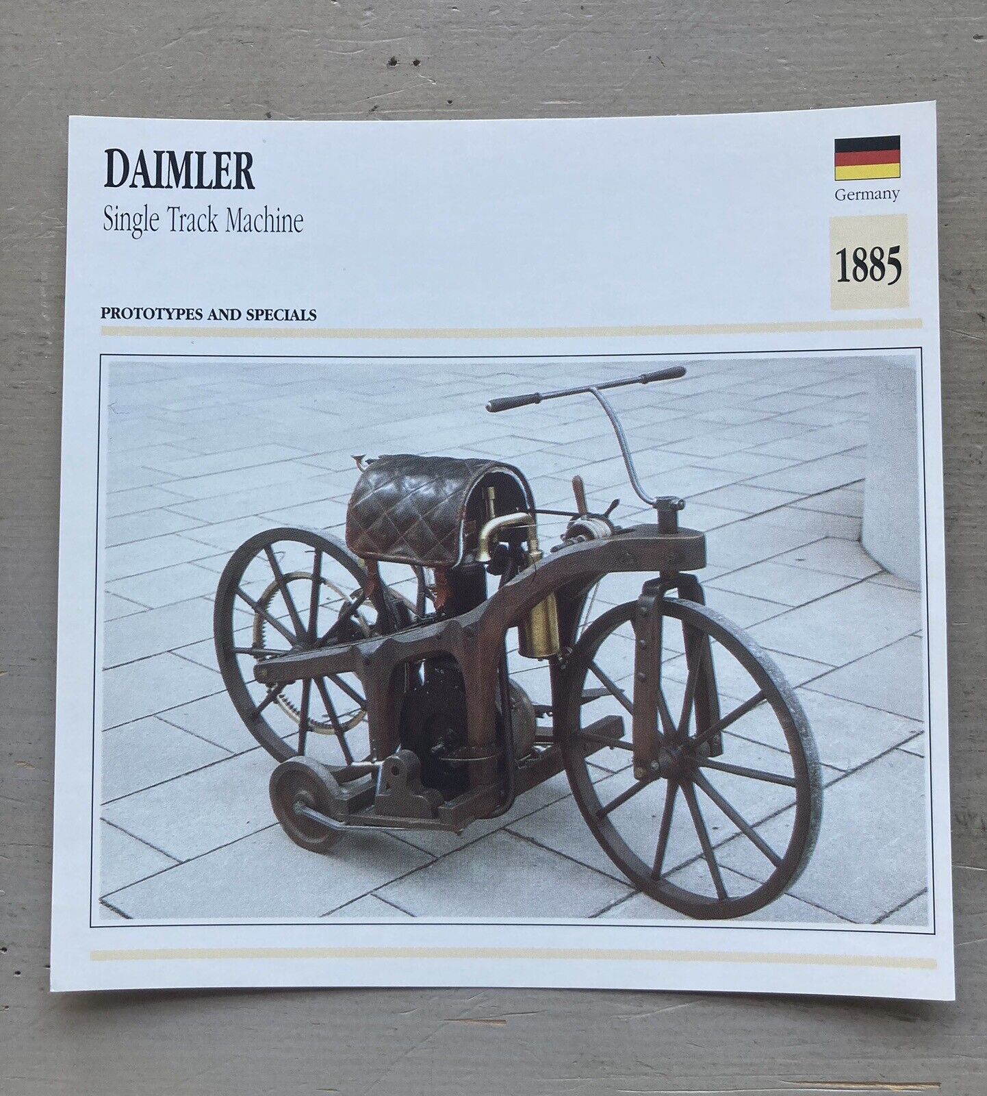 1885 German Daimler, Single Track Machine - Motorcycle Photo Info Card