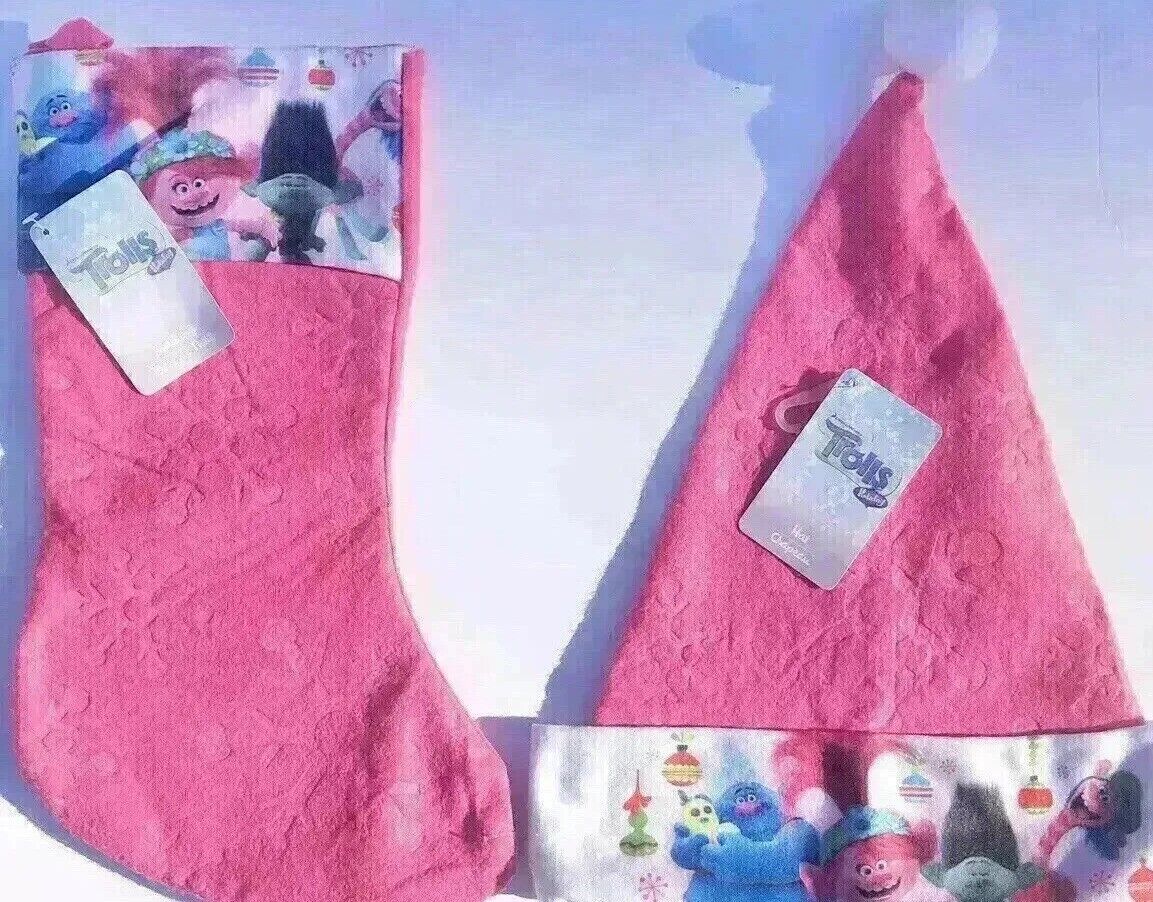 Dreamworks Trolls Christmas Stocking And Santa Hat Set Pink Felt NWT