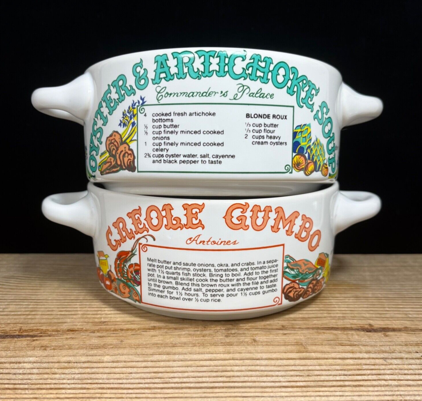 Ljungberg New Orleans Soup Recipe Bowls- Lot 2 Creole Gumbo, Oyster Soup