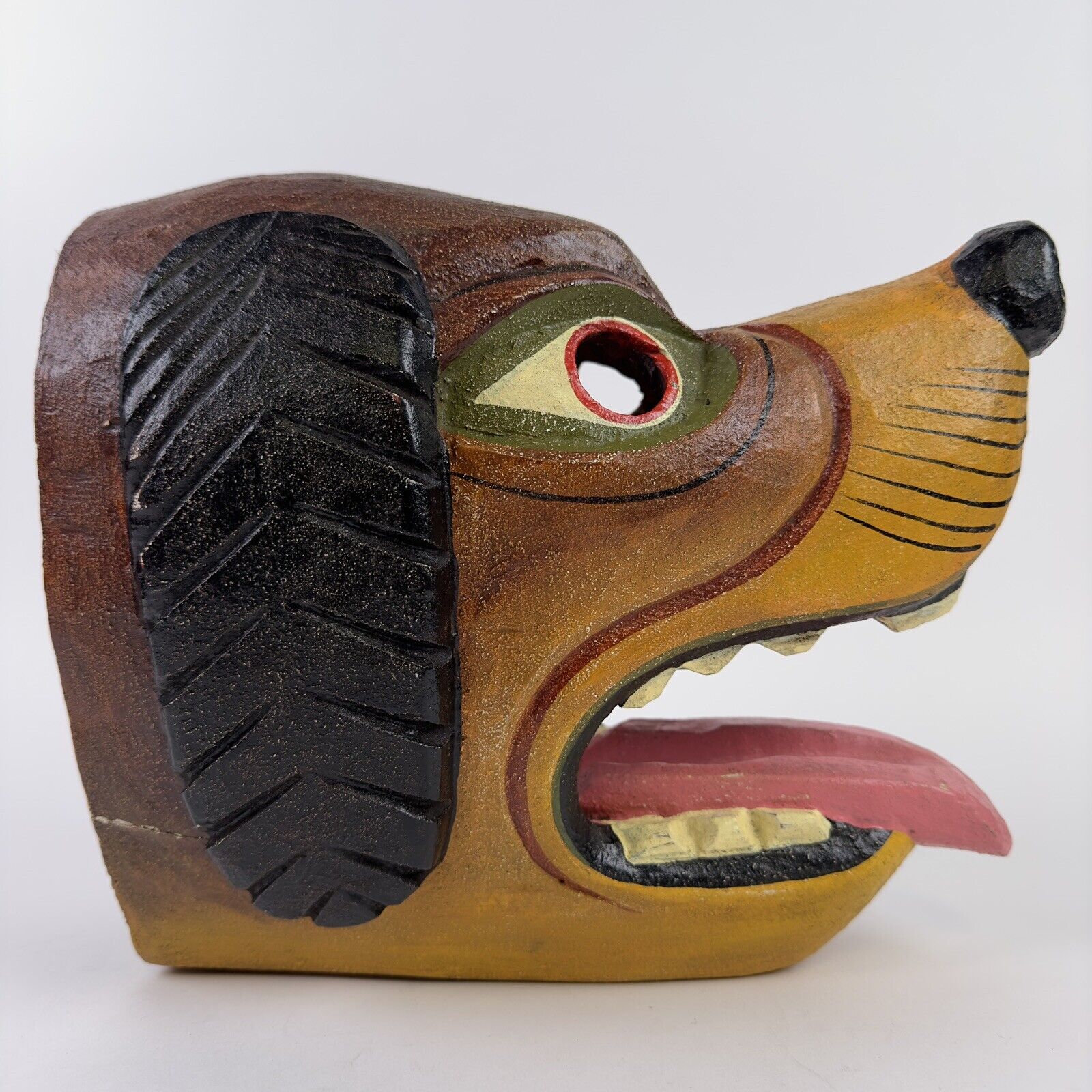 Ecuador Folk Art Painted Tribal Dog Wood Wooden Mask Handcrafted Hand Carved