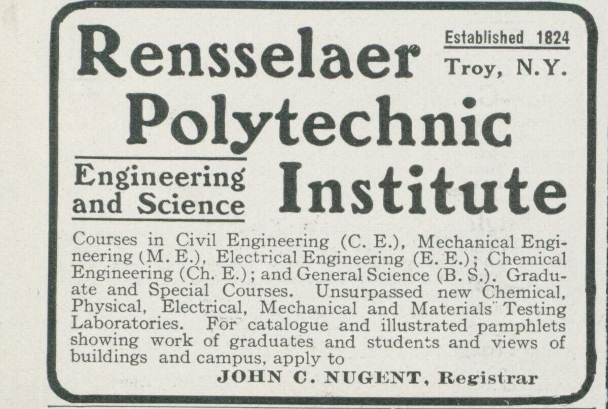 1914 Rensselaer Polytechnic Institute Troy NY John Nugent Vtg Print Ad CO3