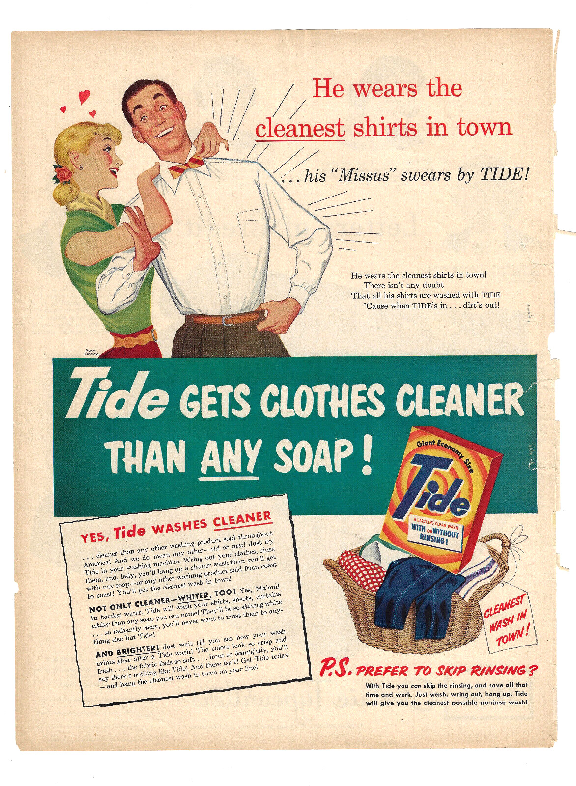 Tide Print Ad Laundry Detergent Advertising Vintage 1950s Towels Husband Wife