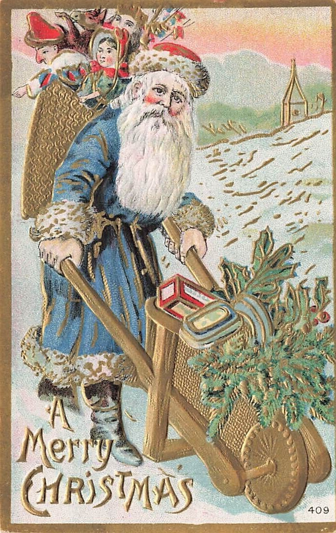 c1910 Blue Coat Santa Claus Basket Toys Wheelbarrow Gilt  Christmas P589