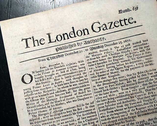 Early and Rare 17TH CENTURY 353 Years Old London Gazette England 1671 Newspaper 
