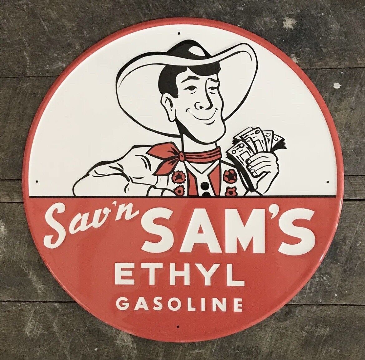 SAV'N SAM'S Ethyl Gasoline Embossed Metal Sign, 17” Diameter