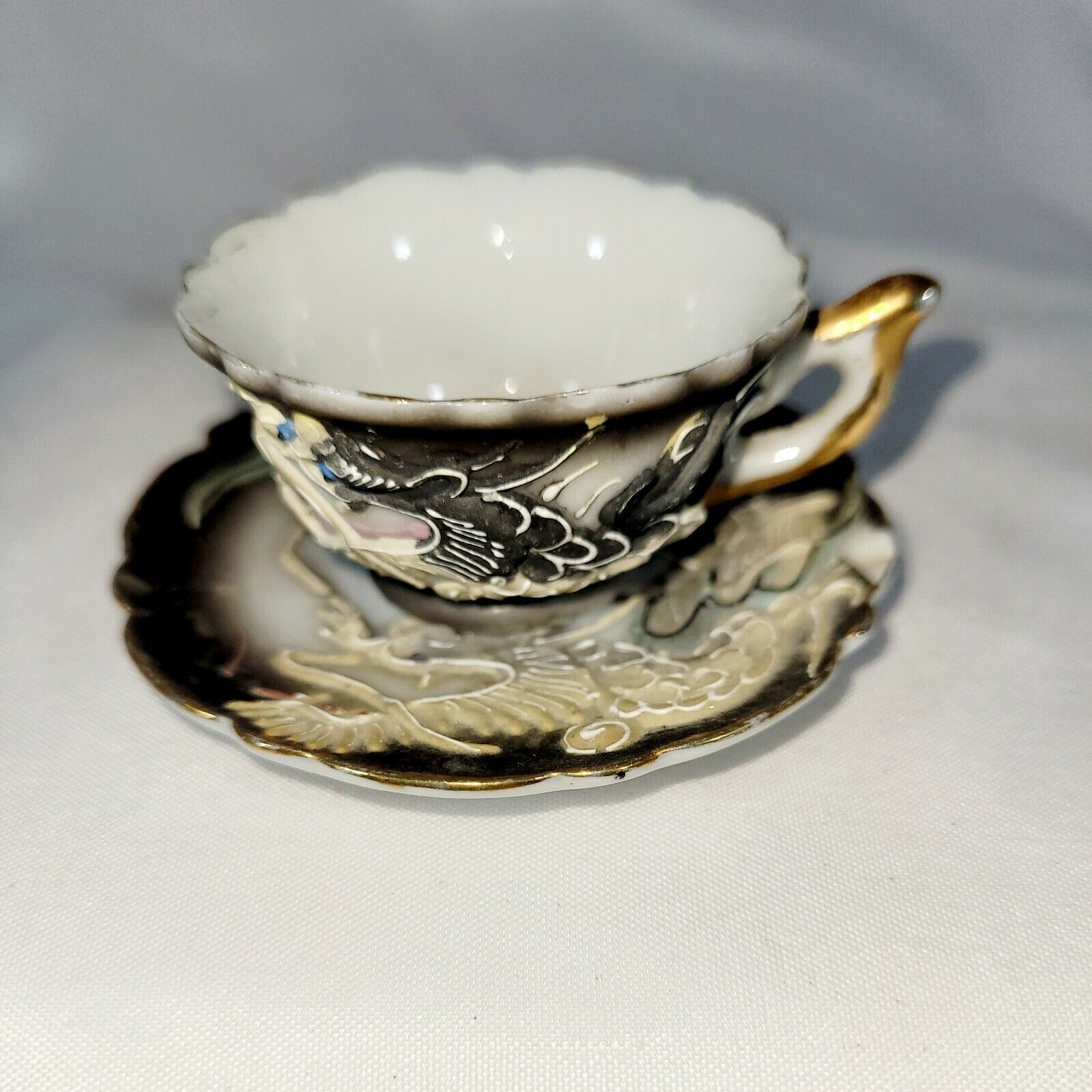 Vintage Raised Gold Gilted Demitasse Dragon Cup and Saucer Made in Japan