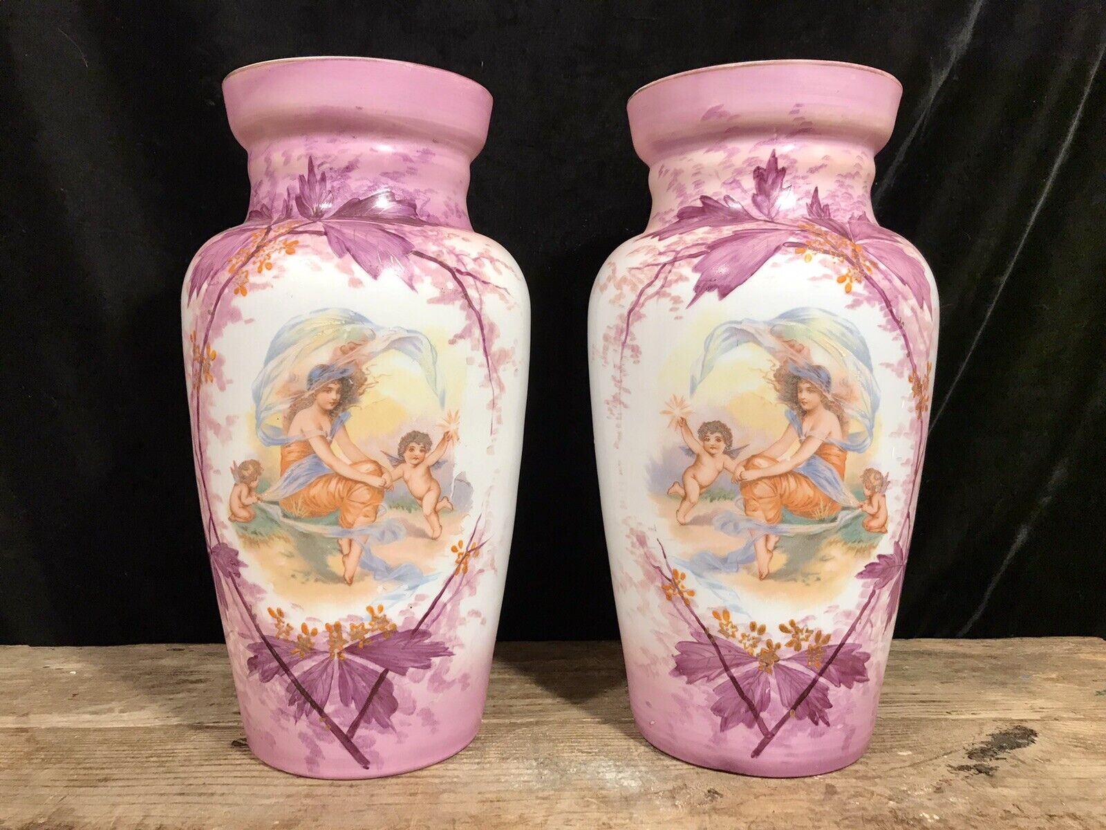 Pair 12.5” Antique Vtg Victorian Bristol Glass Mantel Vases Sevres Limoges Style