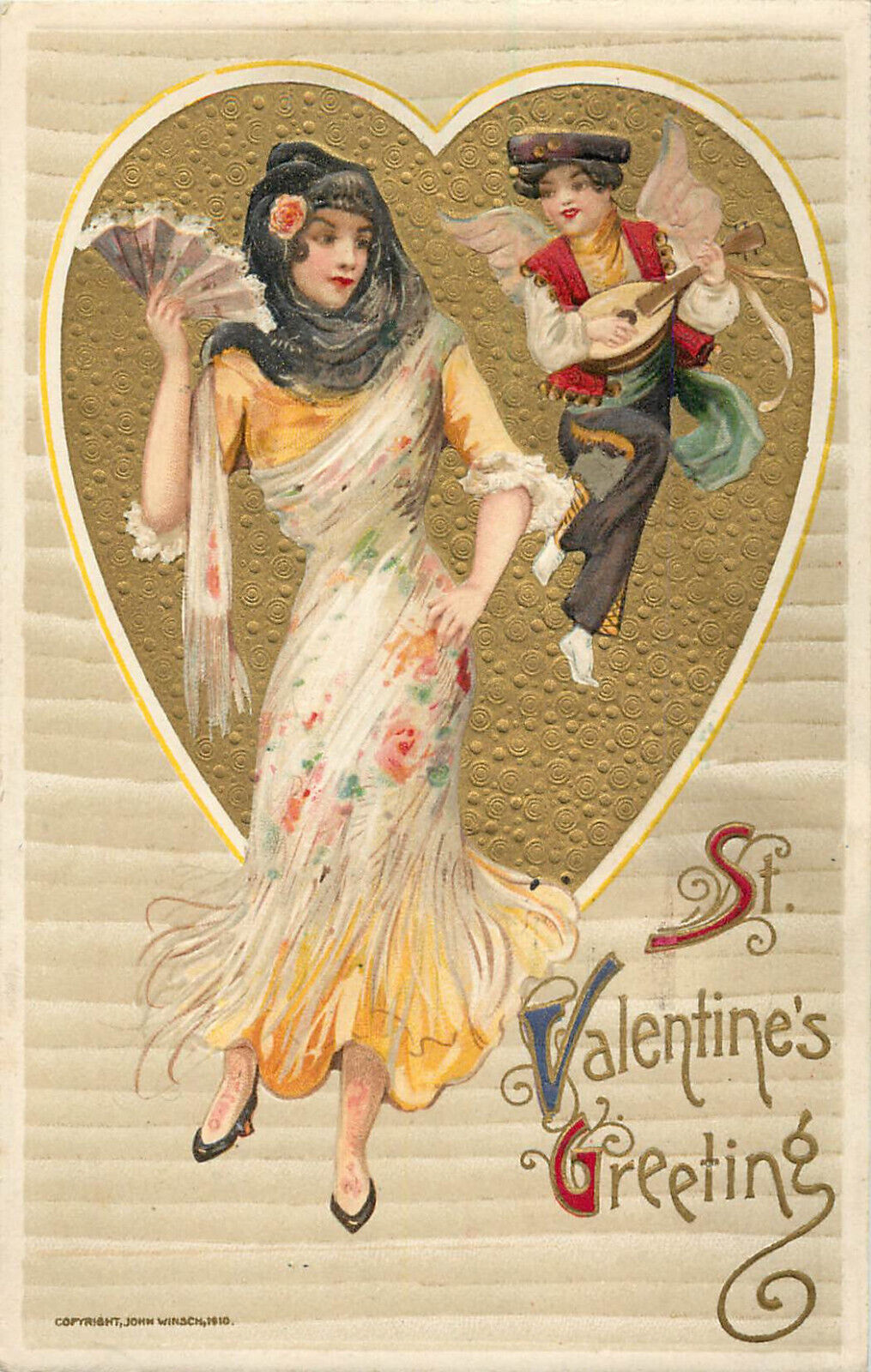 Valentines Day Postcard Winsch Schmucker Metallic Ink Spanish Woman Boy W/ Lute