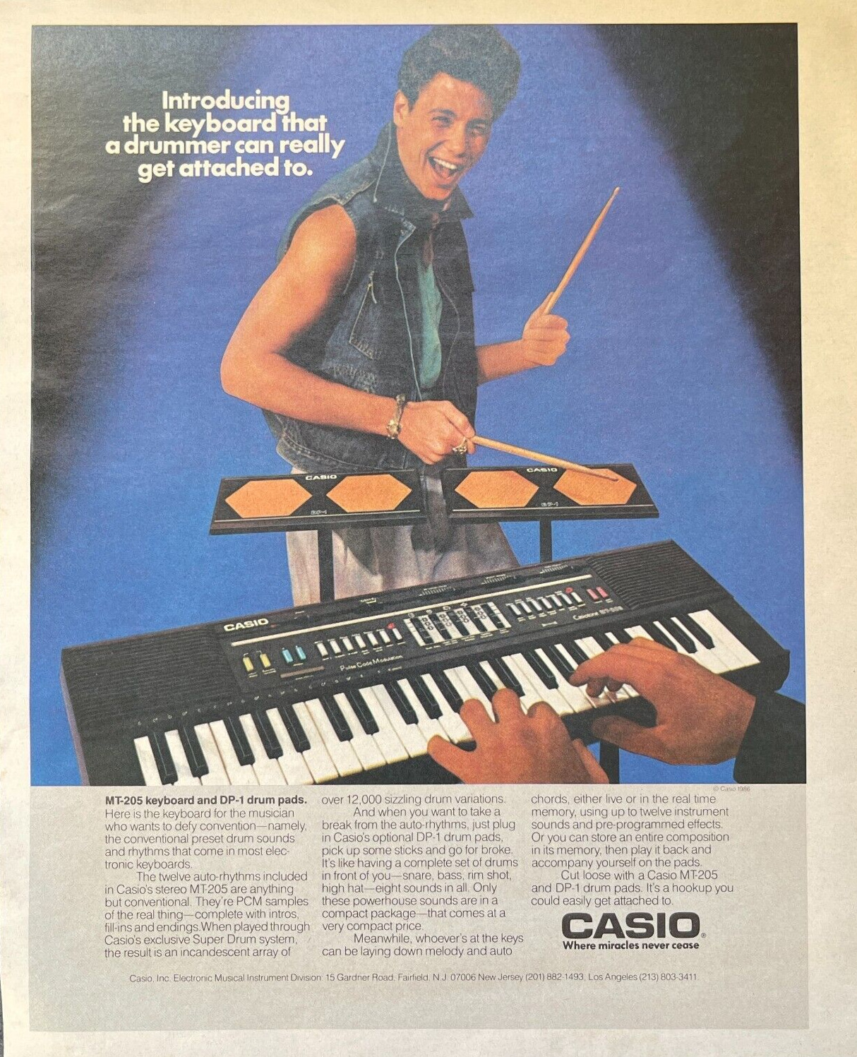 1987 Casio Vintage Print Ad MT-205 Keyboard A Drummer Can Get Attached To