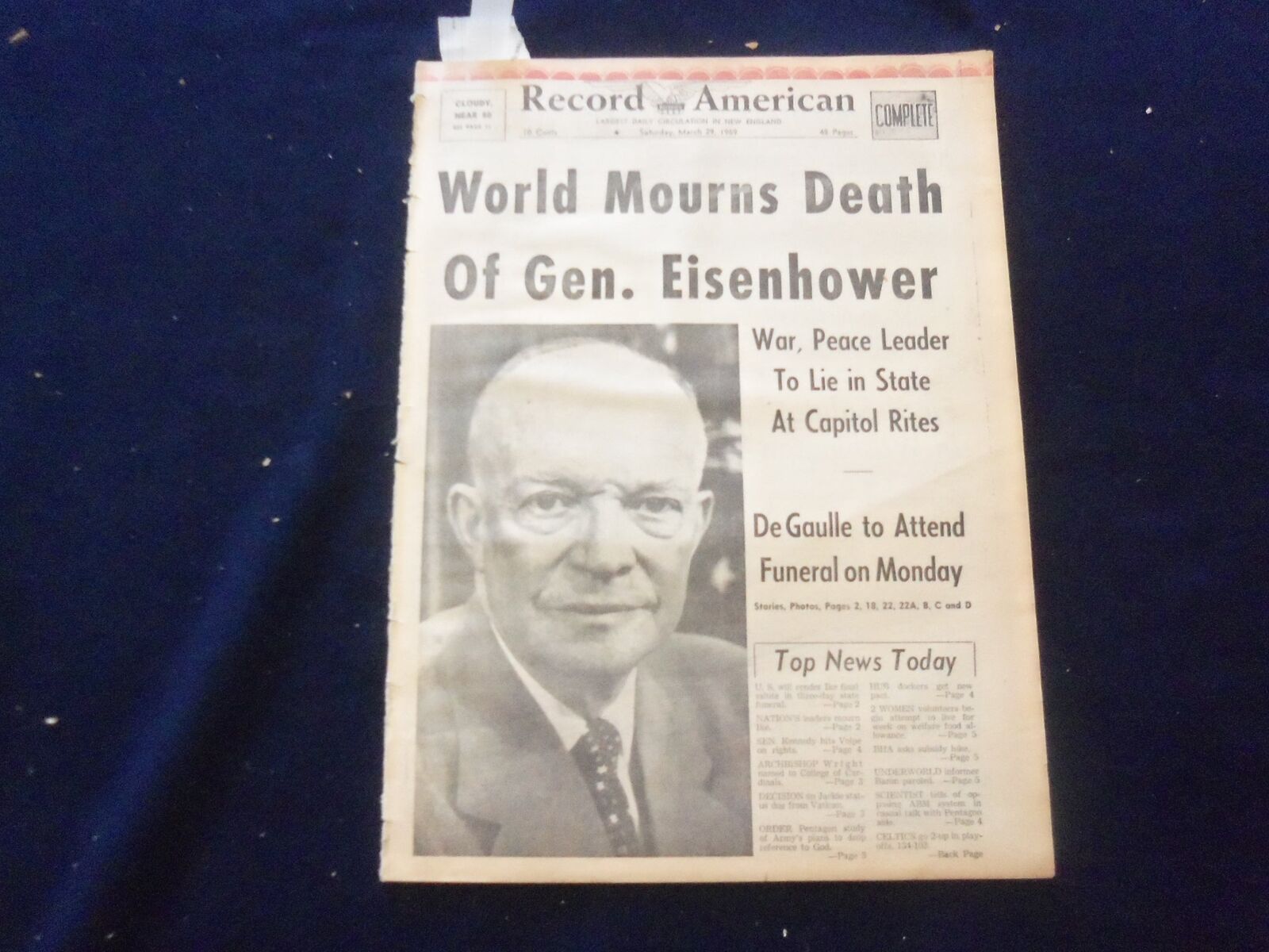 1969 MARCH 29 BOSTON RECORD AMERICAN NEWSPAPER- WORLD MOURNS EISENHOWER -NP 6253