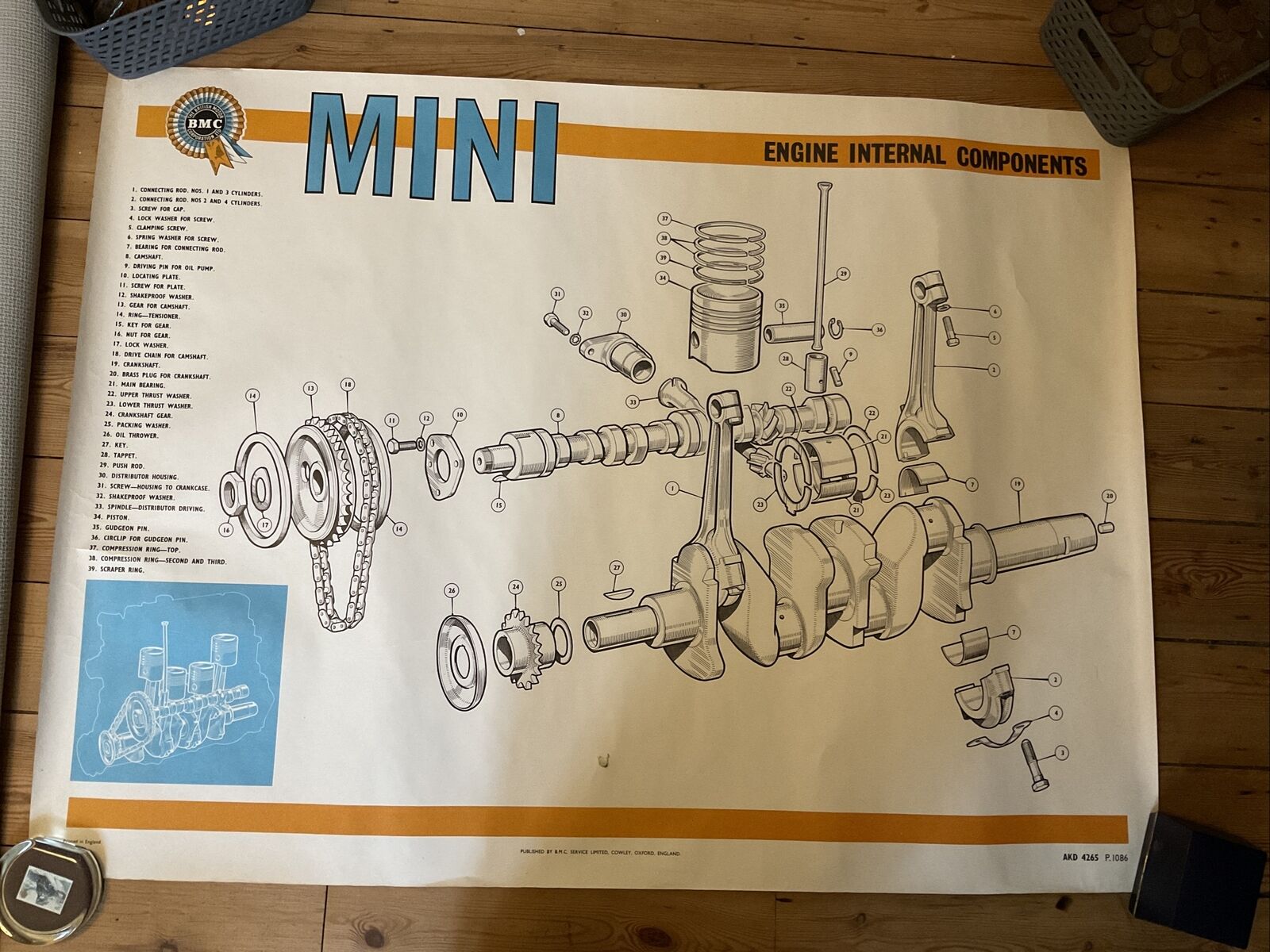 Original Vintage Mini BMC Engine Internal Components Exploded-View Poster