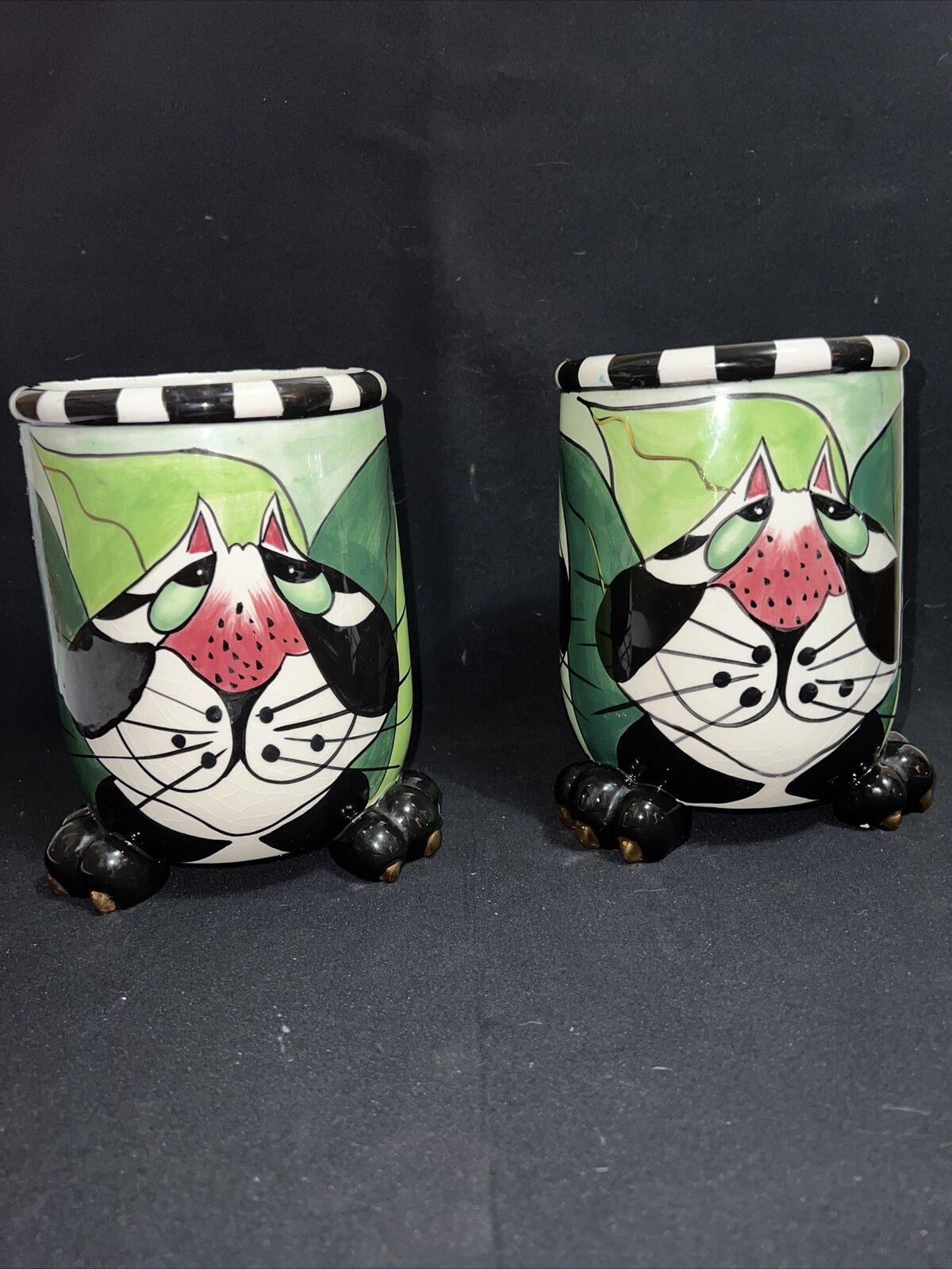 2 Whimsical Footed Cat Vase SWAK By Lynda Corneille Utensil Holder