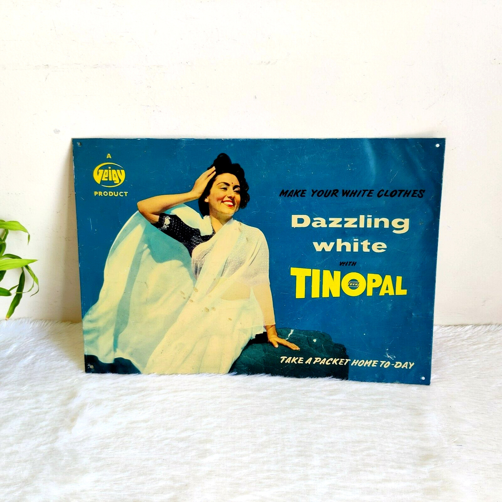 Vintage Lady In White Saare Graphics Geigy Tinopal Adv Metal Sign Board TS344