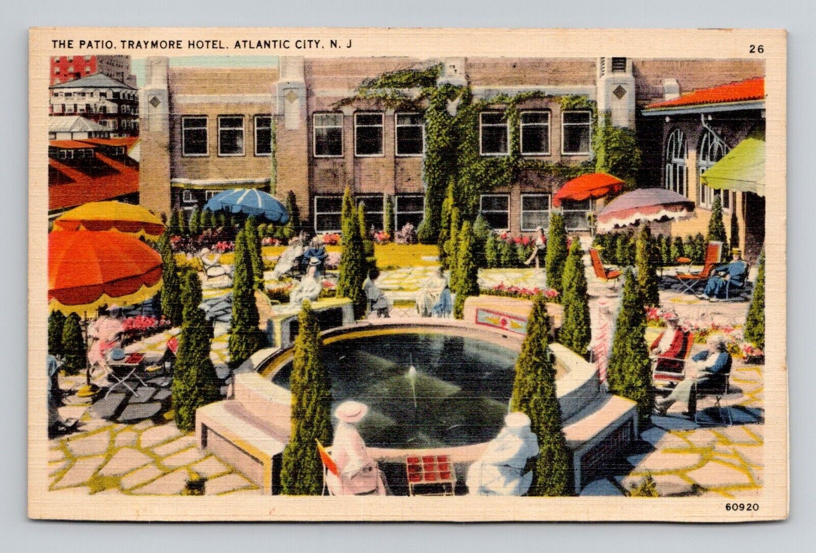 Postcard Patio at Traymore Hotel Atlantic City New Jersey NJ, Vintage Linen O3