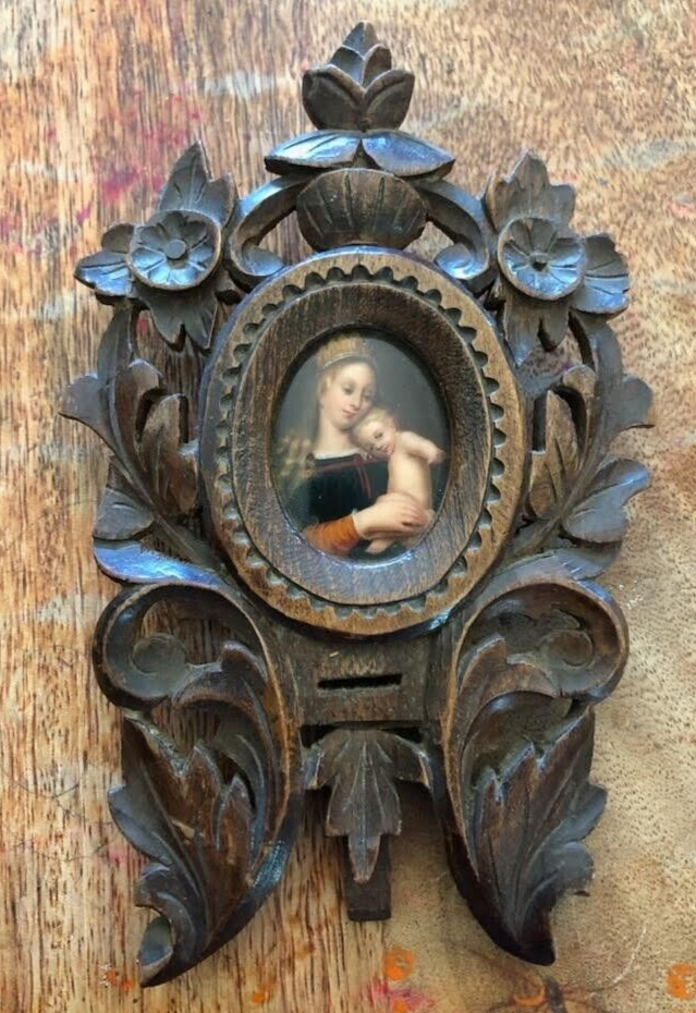 Vintage Mother Mary  Porcelain Mother Mary in Carved Walnut Case