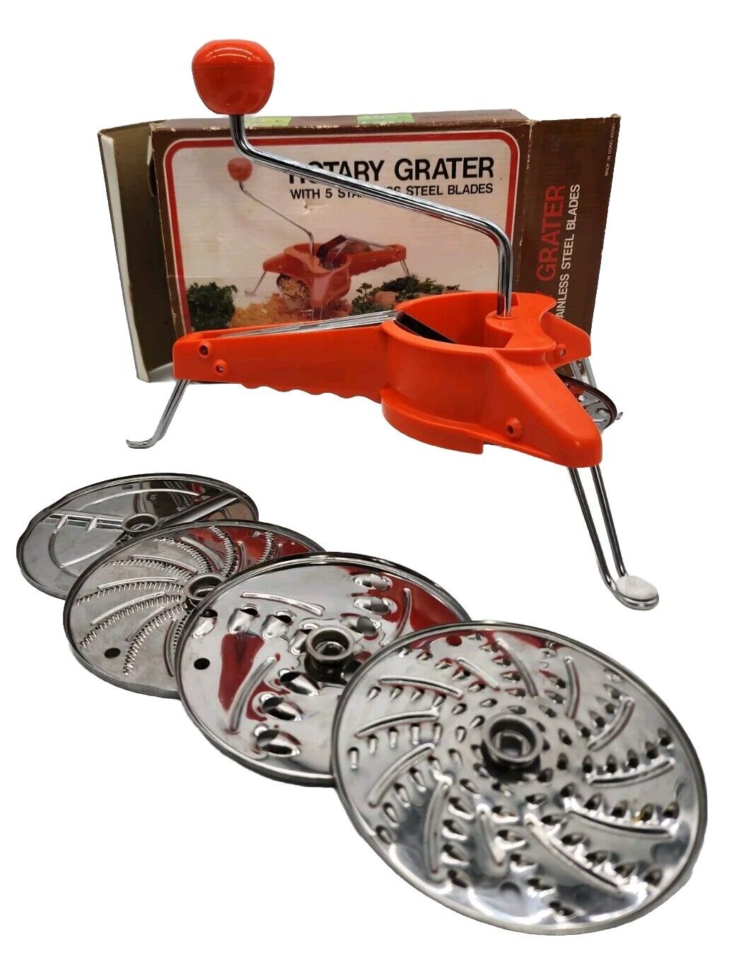 Vtg Mouli Style Rotary Grater Shredder Slicer 5 Stainless Blades Original Box