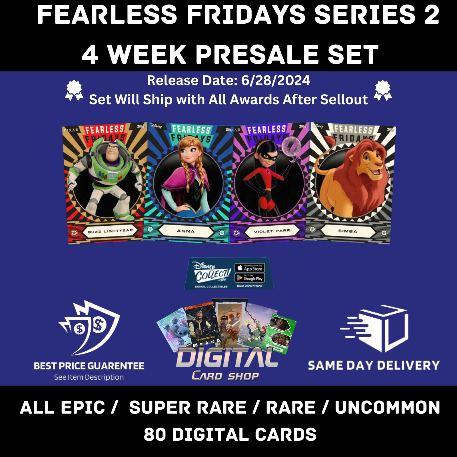 Topps Disney Collect FEARLESS FRIDAYS Series 2 PRESALE ALL EPIC SR R UC 80 Cards