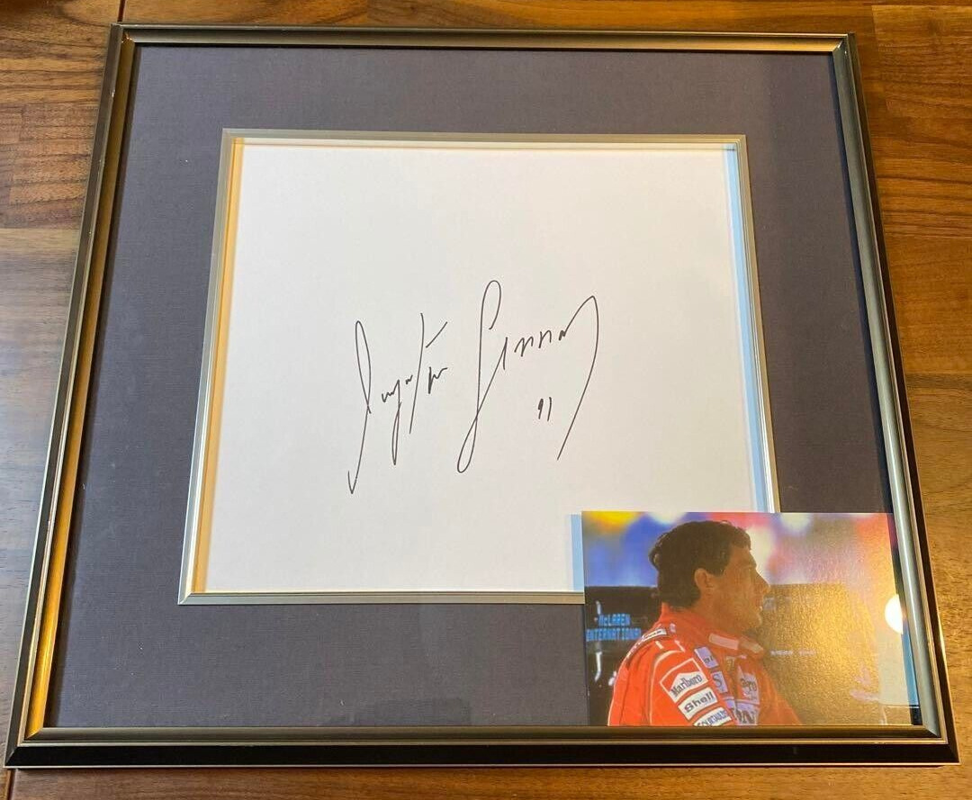 F1 World Champion Ayrton Senna Autographed Colored Paper in 1991 Framed