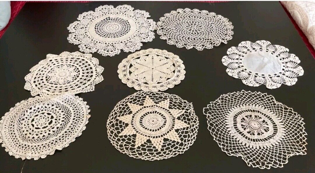 Estate Sale Find* Handcrafted Lot of 8 White* off white Round Doilies. Stunning 