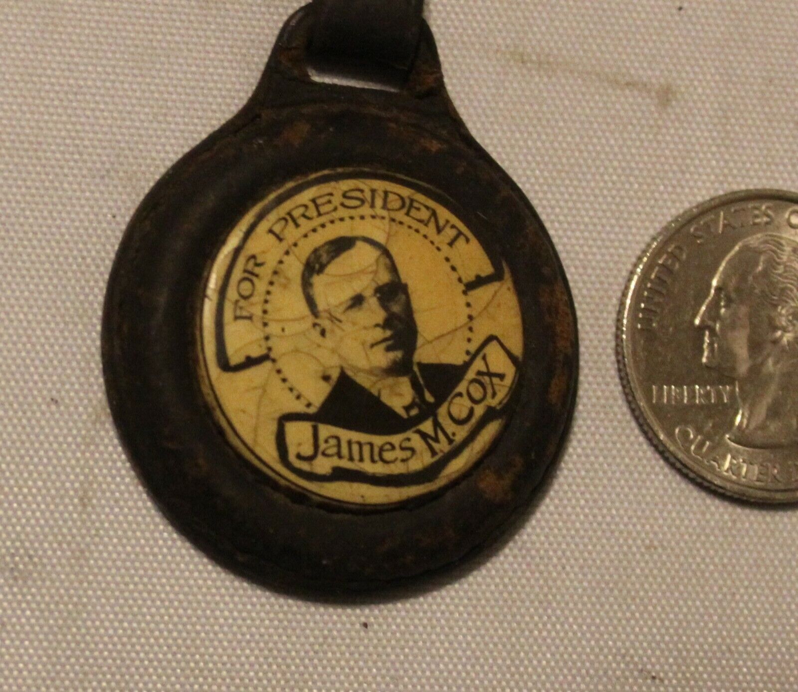 James M Cox for President Real Photo Watch Fob Button Leather Rare Antique