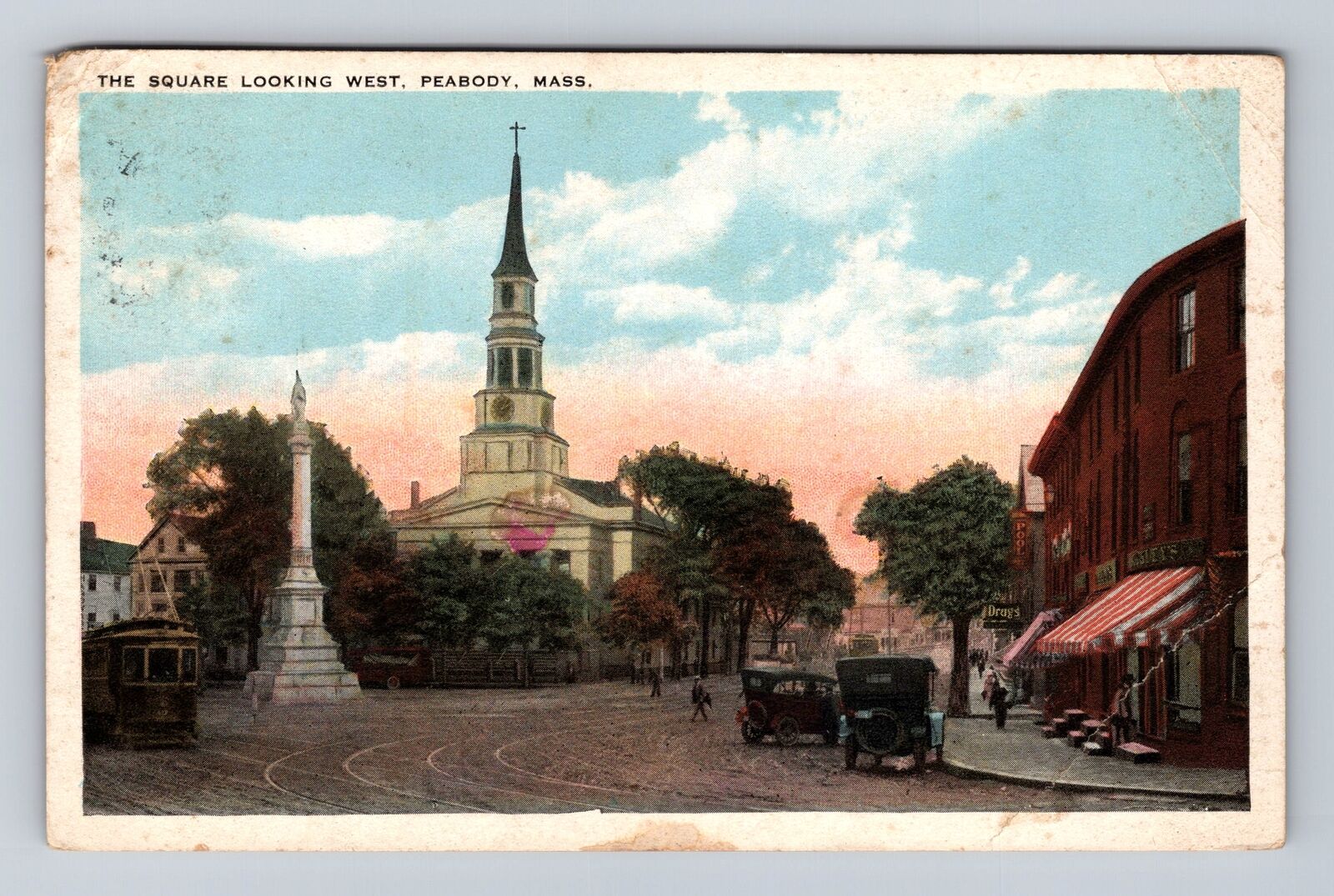 Peabody MA- Massachusetts, The Square Looking West, Antique, Vintage Postcard
