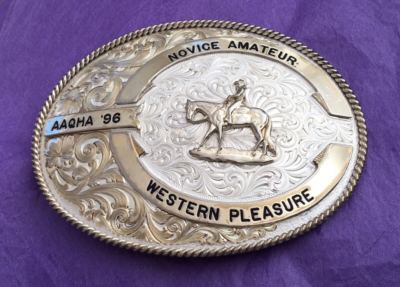 Vintage 1996 AAQHA Montana Silversmiths Sterling Silver Plate Trophy Belt Buckle