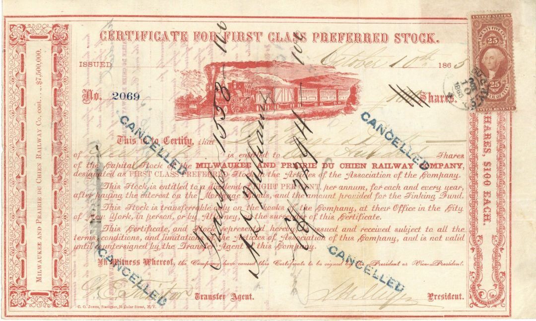 Milwaukee and Prairie Du Chien Railway Co. - Stock Certificate - Railroad Stocks