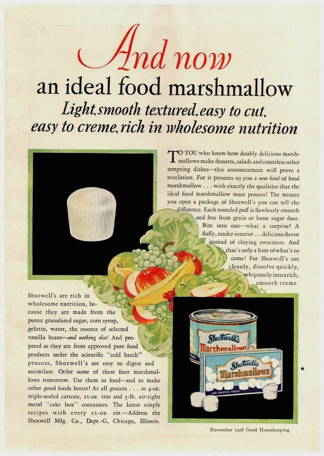 1928 Shotwell\'s Marshmallow Vintage Print Ad Rich In Wholesome Nutrition 