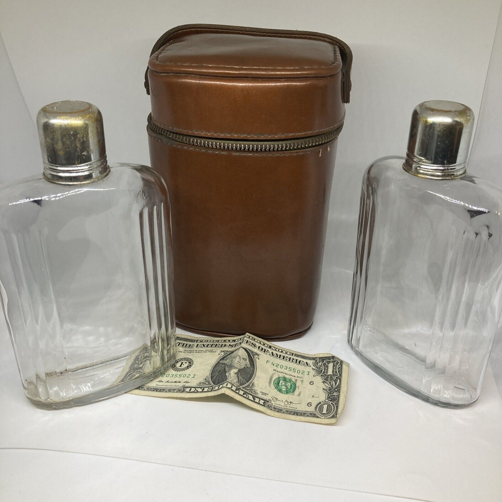 Vtg Double Glass Flasks W/ Zippered Leather Case. Travel Bar Camp