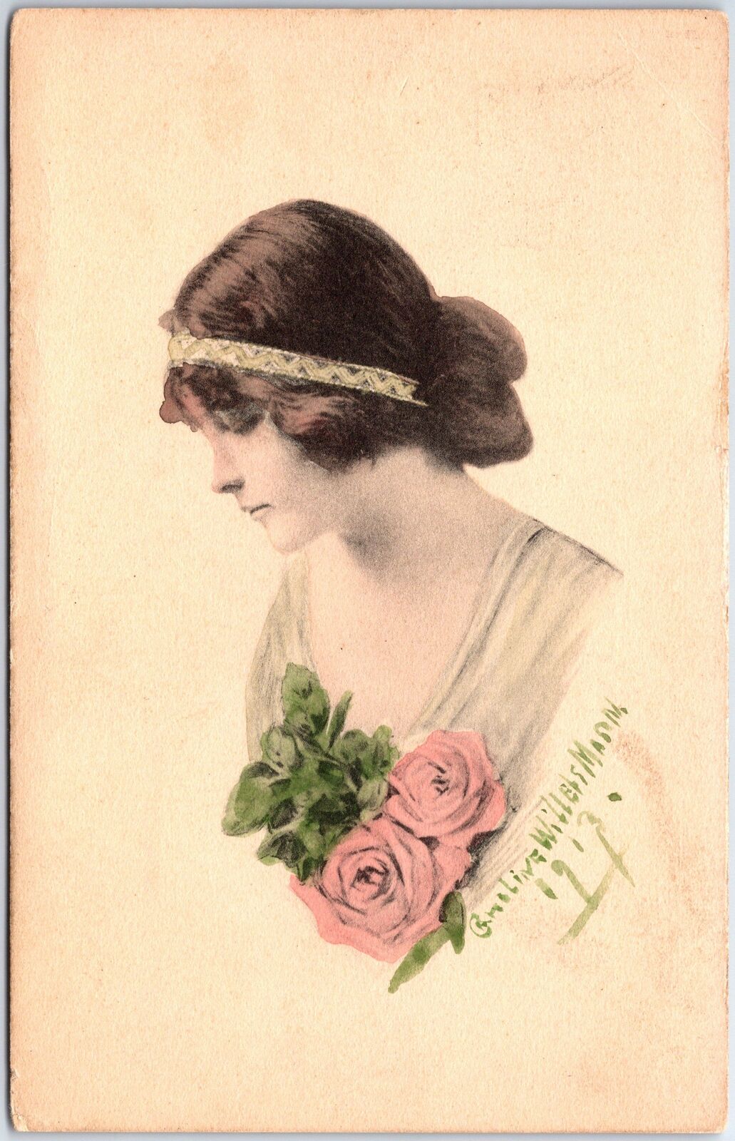 VINTAGE POSTCARD HAND-COLORED TINT ON ELEGANT LADY WATERCOLORED ART SIGNED 1913