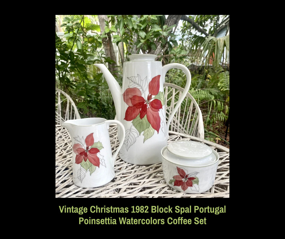 Vintage Christmas 1982 Block Spal Portugal Poinsettia Watercolors Coffee Set